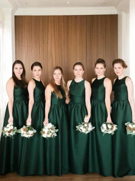 A-line/Princess Scoop Floor-Length Satin Bridesmaid Dresses