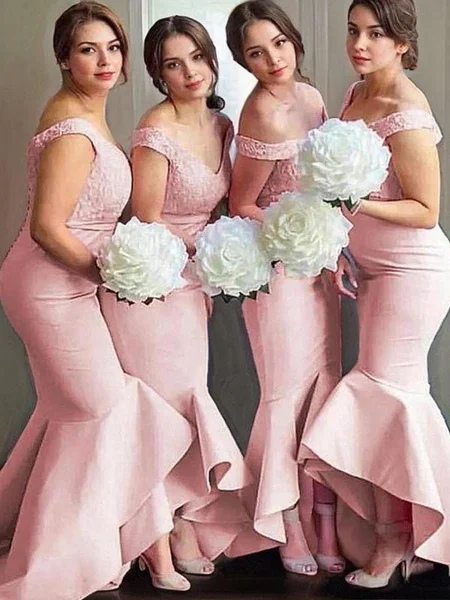 Trumpet/Mermaid Off-the-Shoulder Asymmetrical Stretch Crepe Bridesmaid Dresses With Appliques Lace