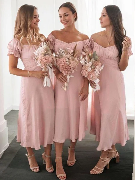 A-Line/Princess Sweetheart Tea-Length Chiffon Bridesmaid Dresses With Ruffles