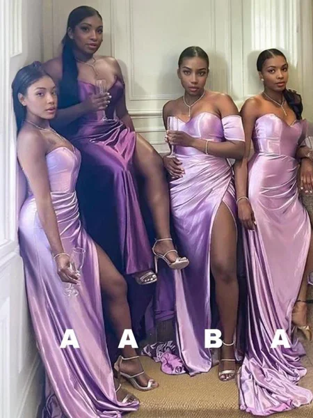 Sheath/Column Sweetheart Sweep Train Silk like Satin Bridesmaid Dresses With Leg Slit