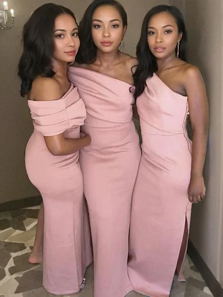 Sheath/Column One-Shoulder Floor-Length Charmeuse Bridesmaid Dresses With Leg Slit