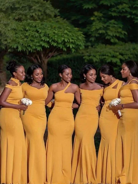 Sheath/Column V-neck Floor-Length Stretch Crepe Bridesmaid Dresses With Ruffles