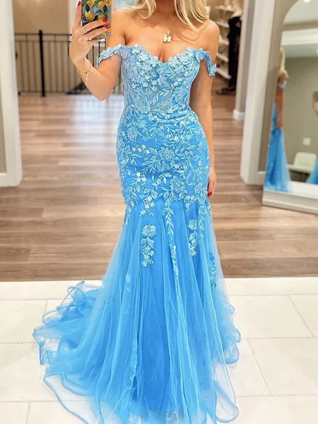 Mermaid Off-the-Shoulder Appliques Lace Sweep Train Tulle Dress