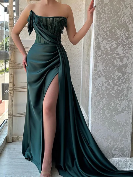 Sheath Straight Pleated Sweep Train Silk Like Satin Corset Dress