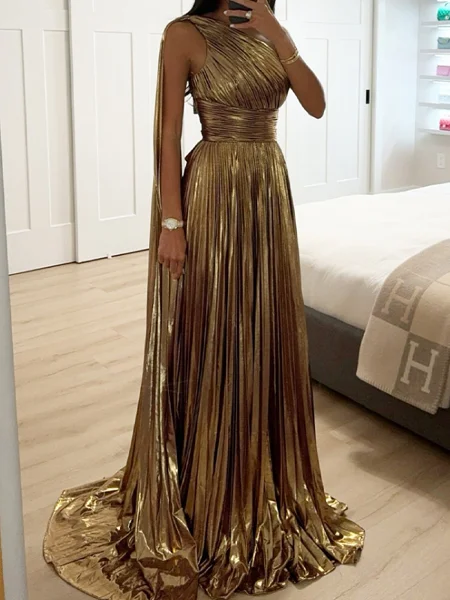 A-line One-Shoulder Pleated Floor-Length Metallic Satin Dress