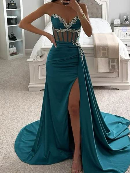 Sheath Sweetheart Rhinestone Sweep Train Silk Like Satin Corset Dress