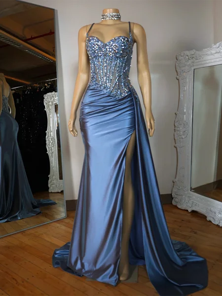 Sheath Spaghetti Straps Appliques Lace Sweep Train Silk Like Satin Corset Dress