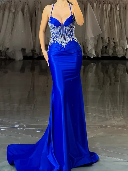 Sheath Halter Appliques Lace Sweep Train Silk Like Satin Corset Dress