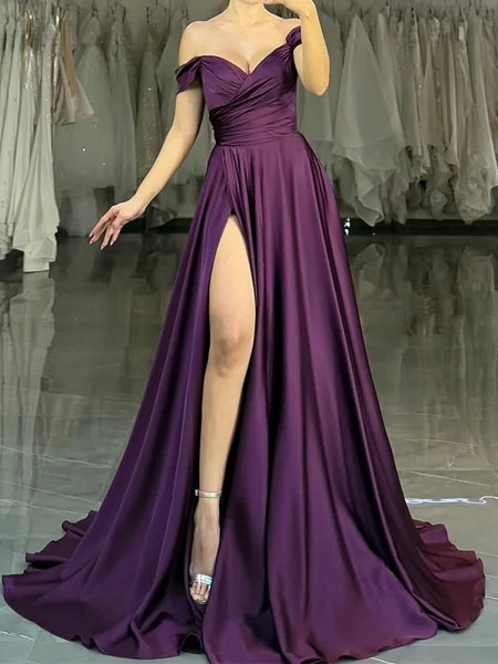 A-line Off-the-Shoulder Pleated Sweep Train Silk Like Satin Dress