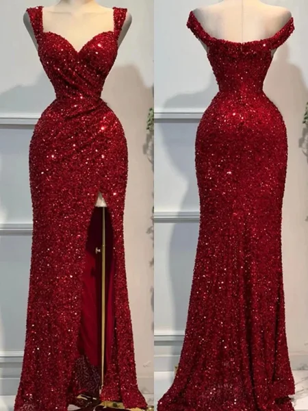 Sheath Sweetheart Ruffles Floor-Length Velvet Sequins Dress