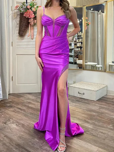 Sheath Sweetheart Pleated Sweep Train Silk Like Satin Dress