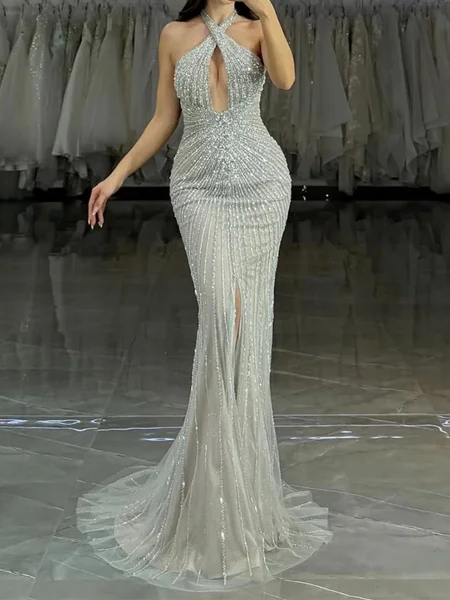 Sheath Halter Ruffles Sweep...