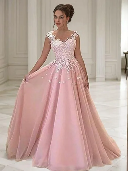 A-Line/Princess Sweetheart Floor-Length Tulle Evening Dresses With Appliques Lace