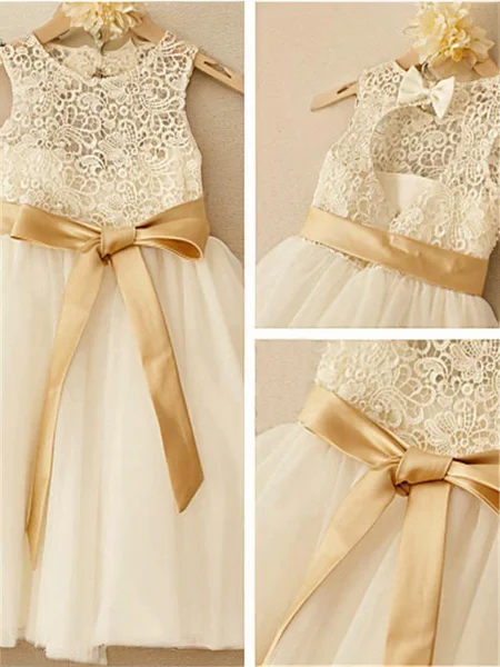 A-Line/Princess Scoop Knee-Length Tulle Flower Girl Dresses With Belt/Sash