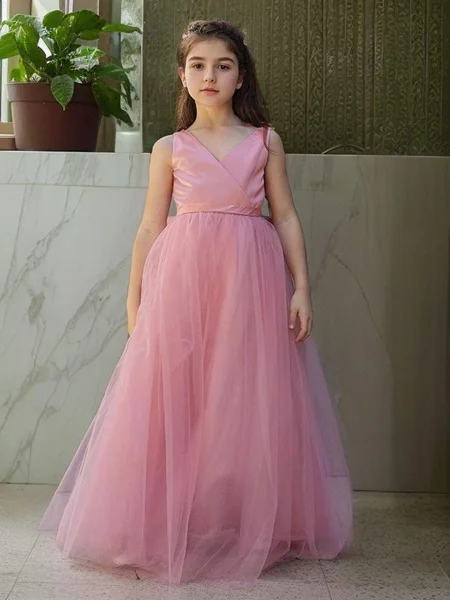 A-Line/Princess V-neck Floor-Length Tulle Flower Girl Dresses With Bow