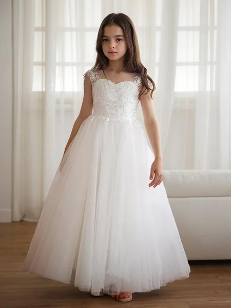 A-Line/Princess Sweetheart Sweep Train Tulle Flower Girl Dresses With Appliques Lace