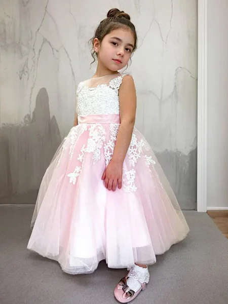 Ball Gown Scoop Ankle-Length Tulle Flower Girl Dresses With Appliques Lace