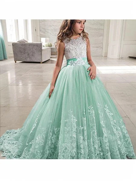 Ball Gown Jewel Sweep Train Tulle Flower Girl Dresses With Lace