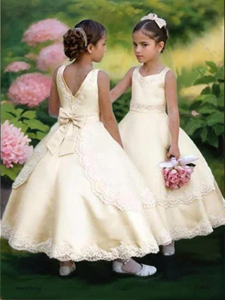 Ball Gown Scoop Ankle-Length Satin Flower Girl Dresses With Bow