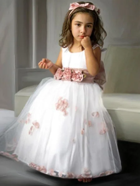 A-Line/Princess Scoop Floor-Length Tulle Flower Girl Dresses With Belt/Sash