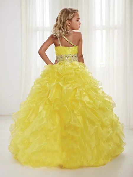 Ball Gown One-Shoulder Floor-Length Organza Flower Girl Dresses With Beading