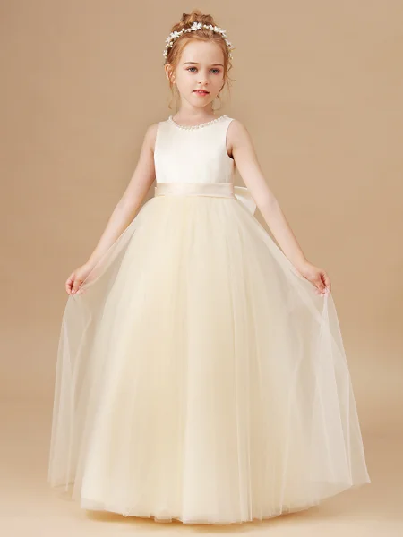A-Line/Princess Scoop Floor-Length Tulle Flower Girl Dresses With Belt/Sash