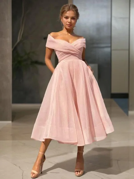  A-line/princess Off-the-Shoulder Tea-length Organza Homecoming Dress 