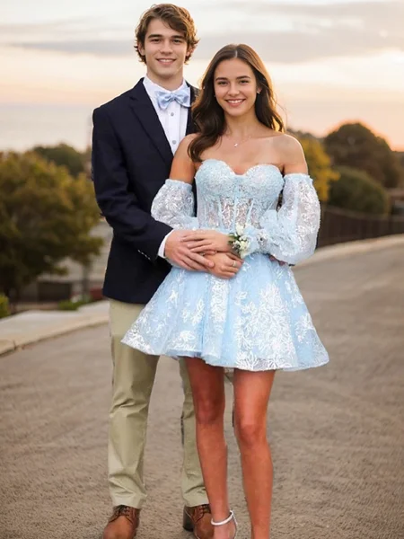 A-line Sweetheart Long Sleeves Appliques Lace Short/Mini Lace Corset Dress