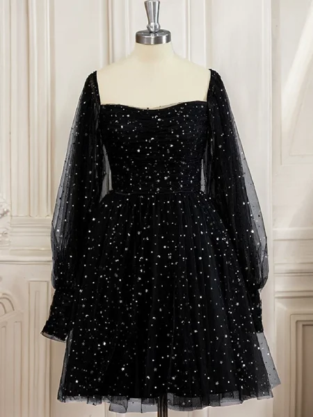 A-line Square Long Sleeves Ruffles Knee-Length Short Dress