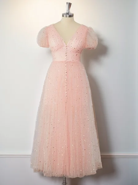 A-line Short Sleeves Tulle V-neck Pleated Tea-Length Dress