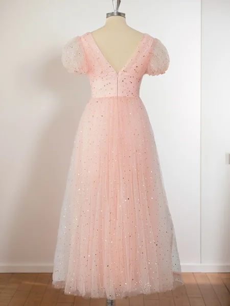 A-line Short Sleeves Tulle...