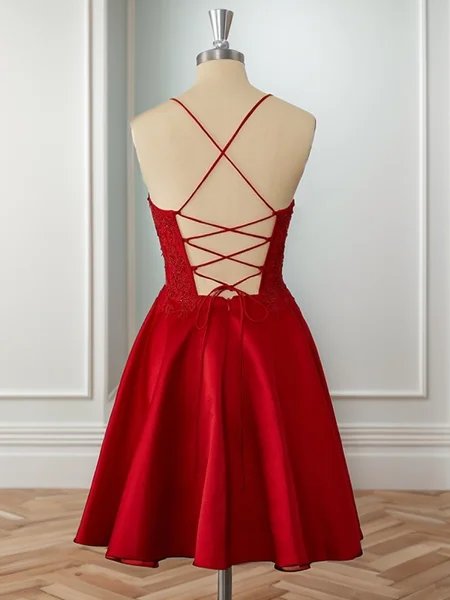 A-line Satin Red Spaghetti...