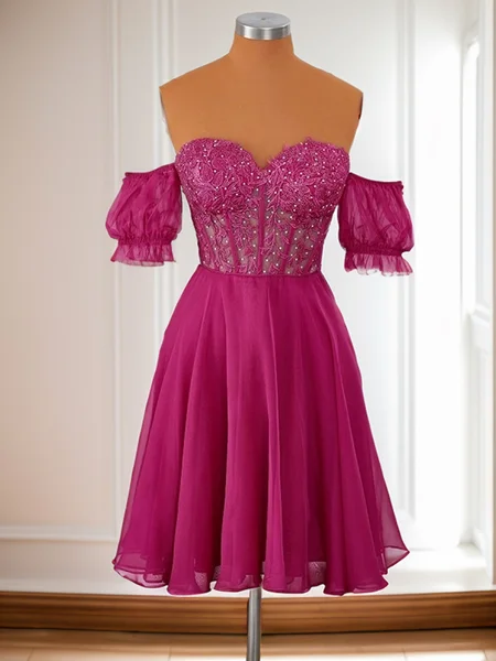 A-line Short Sleeves 30D Chiffon Appliques Lace Corset Convertible Short/Mini Dress