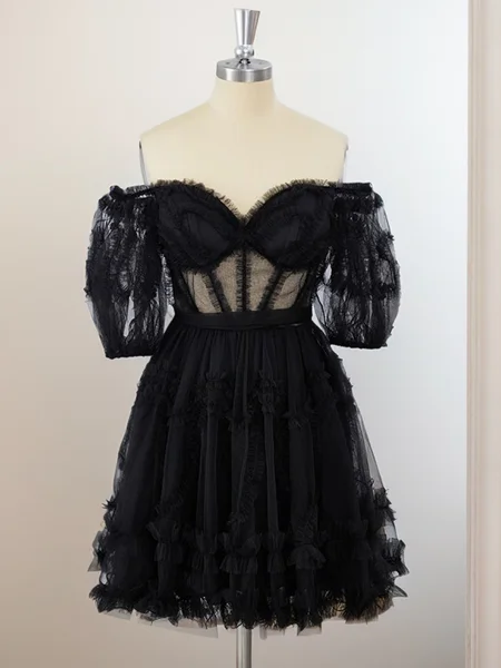A-line Short Sleeves Tulle Off-the-Shoulder Ruffles Corset Short/Mini Dress