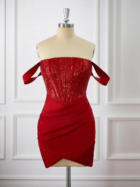 Sheath Charmeuse Off-the-Shoulder Pleated Corset Short/Mini Dress