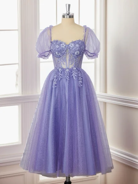 A-line Short Sleeves Lace Sweetheart Appliques Lace Corset Tea-Length Dress