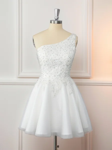 A-line Tulle One-Shoulder Appliques Lace Short/Mini Dress