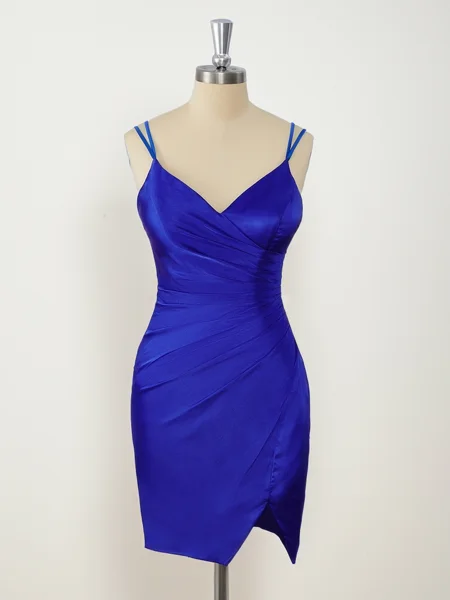 Sheath Silk Like Satin V-neck Pleated Short/Mini Dress