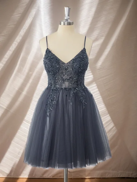 A-line Tulle V-neck Beading...