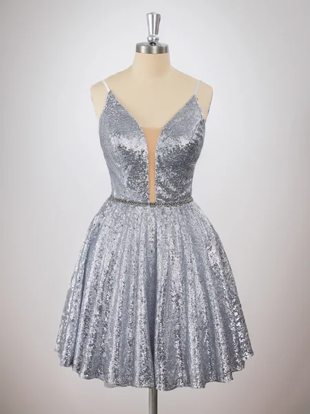A-line Sequins V-neck Sash/Ribbon/Belt Short/Mini Dress