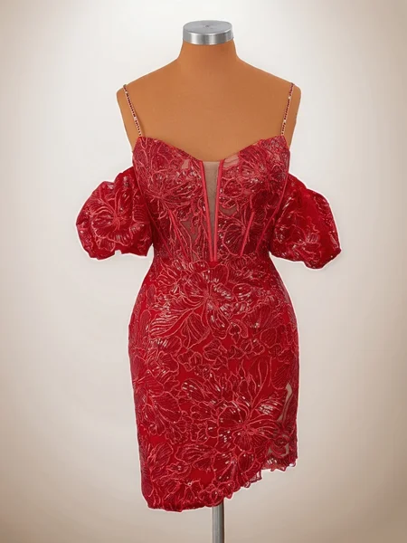 Sheath Short Sleeves Lace Spaghetti Straps Sequin Corset Convertible Short/Mini Dress