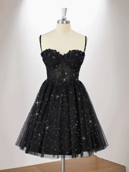 A-line Tulle Spaghetti Straps Appliques Lace Corset Short/Mini Dress