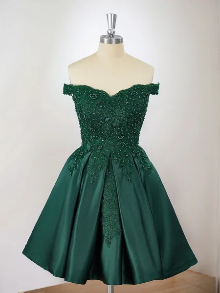 Ball-Gown Satin Off-the-Shoulder Beading Short/Mini Dress