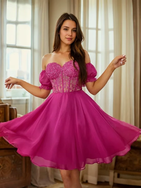 A-line Sweetheart Short Sleeves Appliques Lace Short/Mini 30D Chiffon Corset Convertible Dress