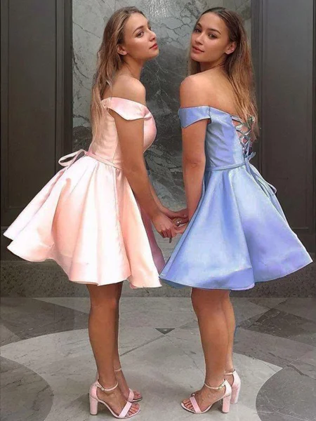 A-Line/Princess Off-the-Shoulder Short/Mini Satin Homecoming Dresses With Ruffles