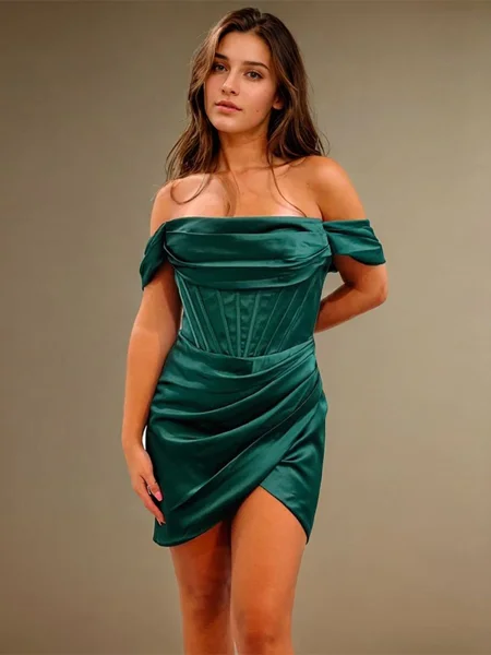 Sheath Off-the-Shoulder Pleated Short/Mini Silk Like Satin Corset Dress