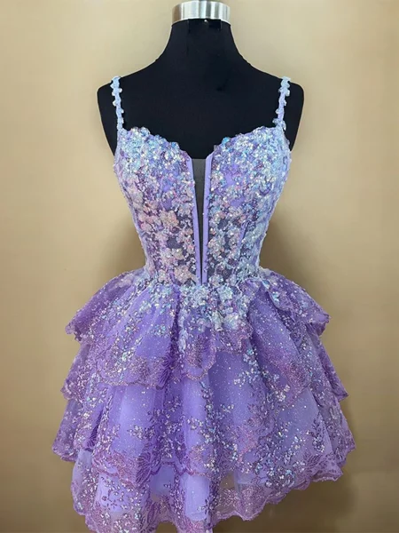 A-line Spaghetti Straps Appliques Lace Short/Mini Lace Corset Dress