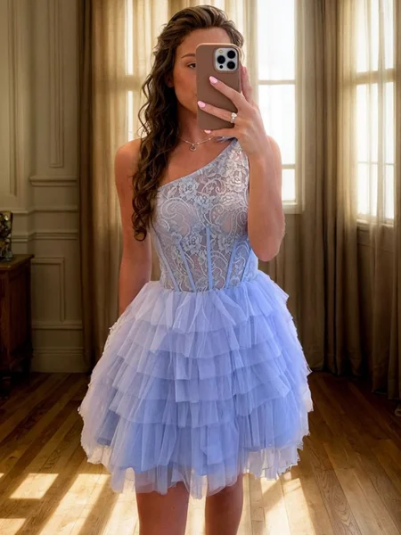 A-line One-Shoulder Cascading Ruffles Short/Mini Tulle Corset Dress