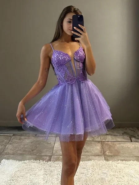 A-line Spaghetti Straps Appliques Lace Short/Mini Tulle Corset Dress