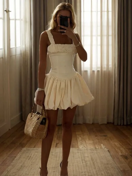 A-line Straps Pleated Short/Mini Taffeta Dress